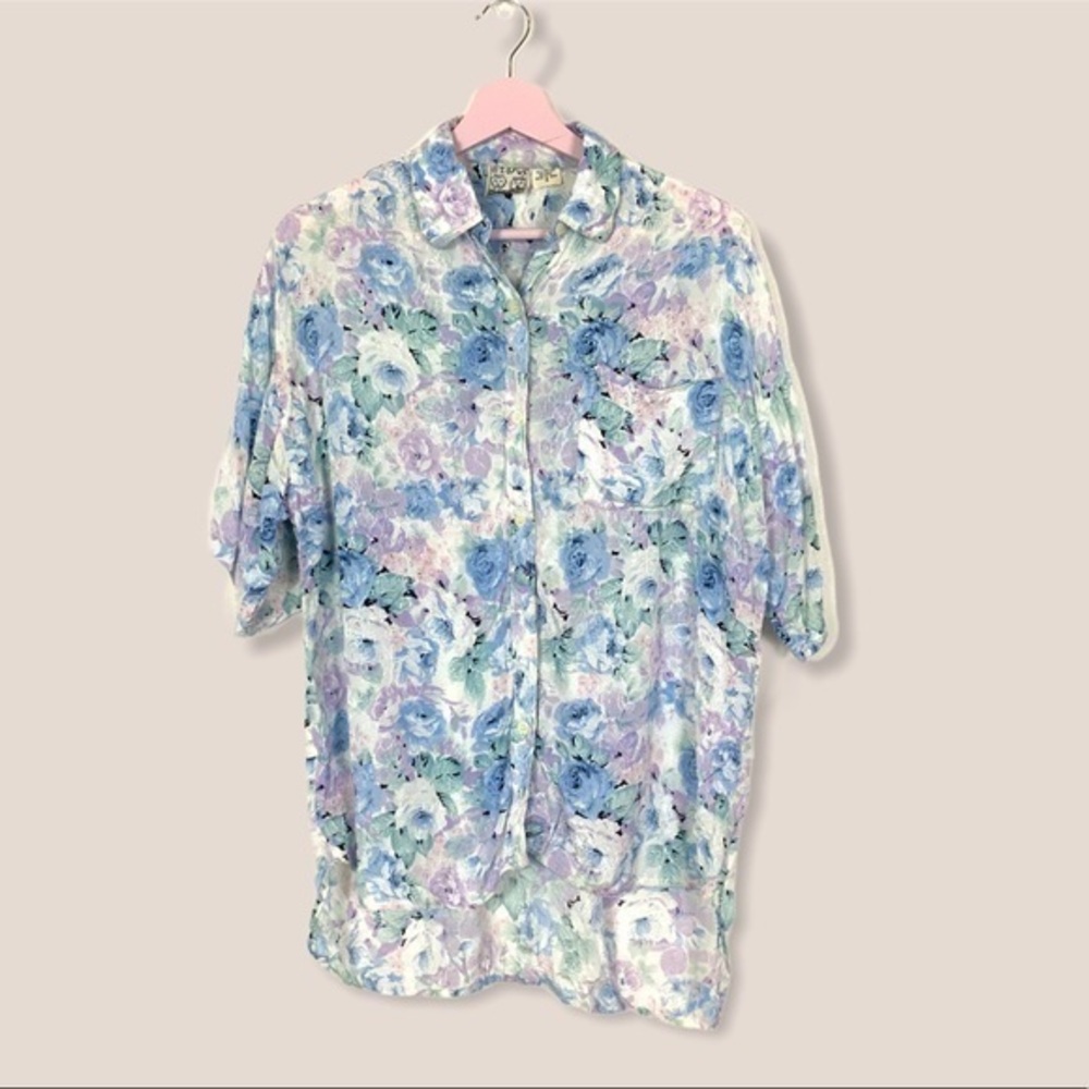 Vintage 2 of‎ US blouse pastel abstract floral button silky collared top Small